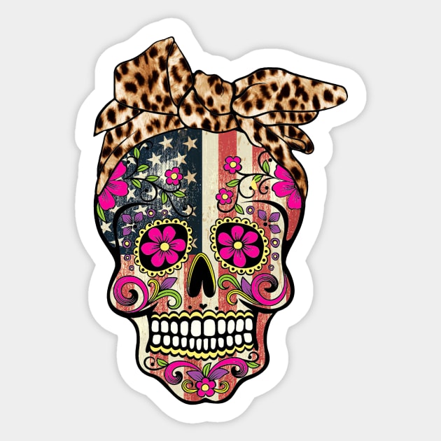 American Flag Sugar Skull Leopard Bow Sticker by ANGELA2-BRYANT